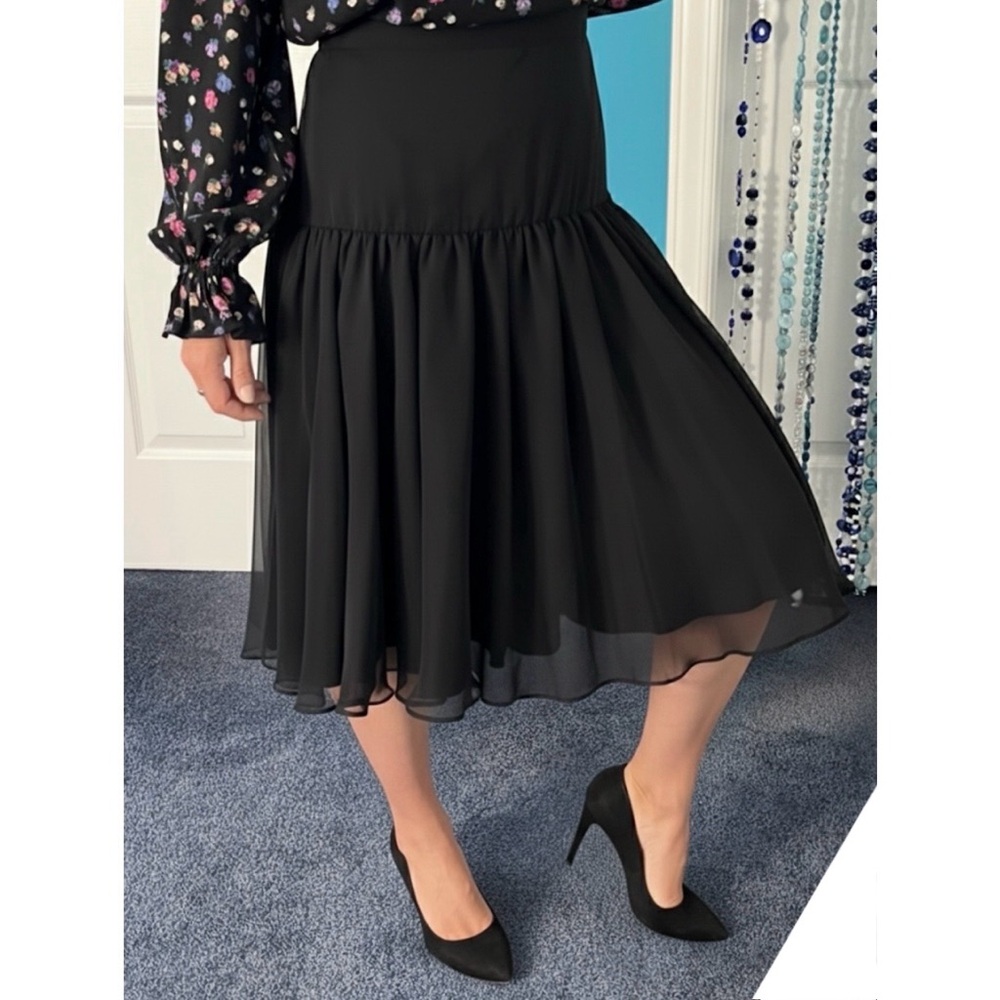 🆕 Vintage 90s Black Chiffon Midi Skirt Flowy Sheer Overlay • Minimalist